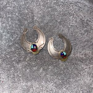 Silver Crescent Earrings with Multicolor Stone